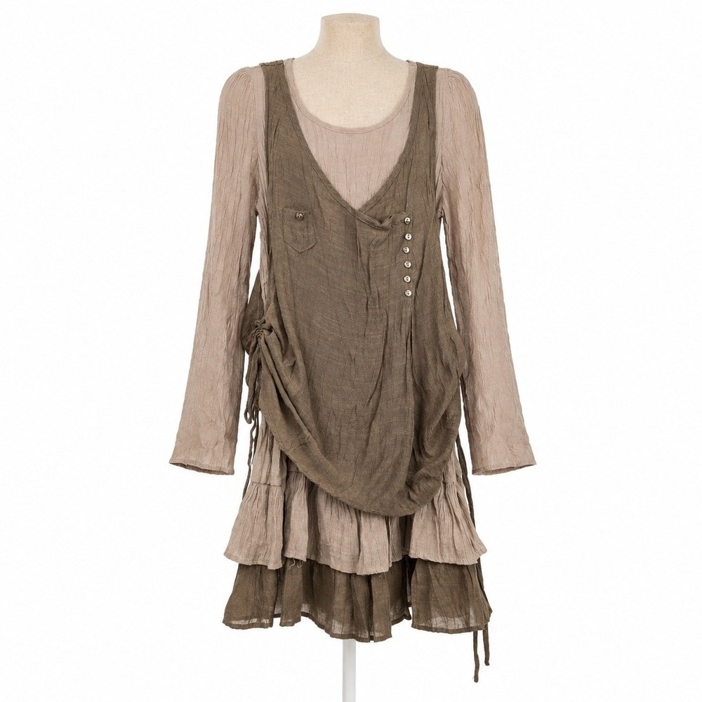 Y2K Boho Layered Ruffle Mini Dress Sz M Brown Long Sleeve Fairy Grunge Festival